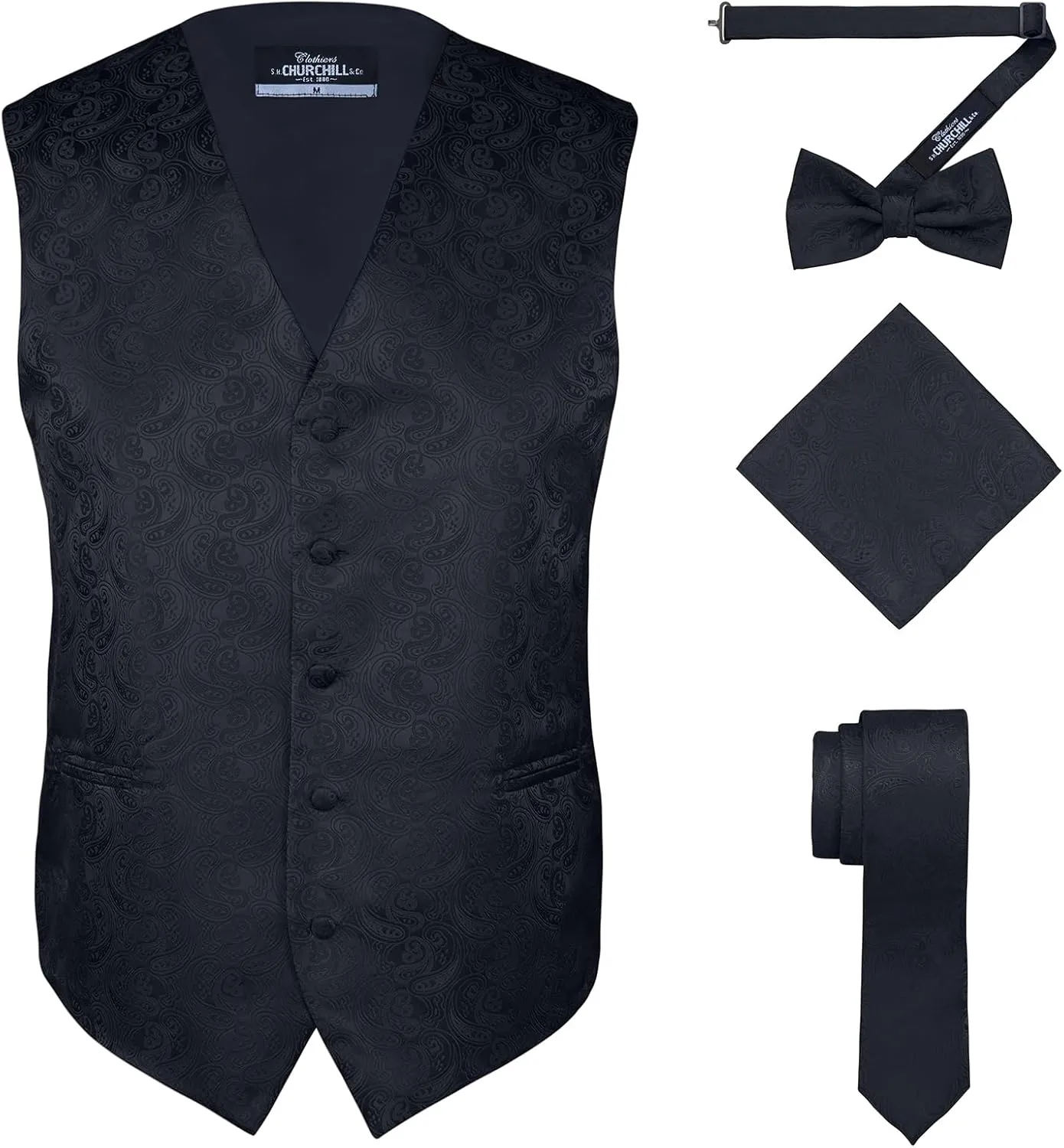 S.H. Churchill & Co. Men's 4 Piece Paisley Vest Set, with Bow Tie, Neck Tie & Pocket Hanky
