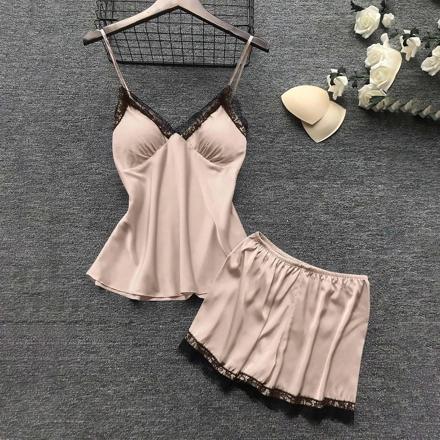 Silk Pajamas Set for Women 4PCS with Built in Bra Robe Satin Pajama Set Sleepwear Nightdress Shorts Lace Nightgown Set