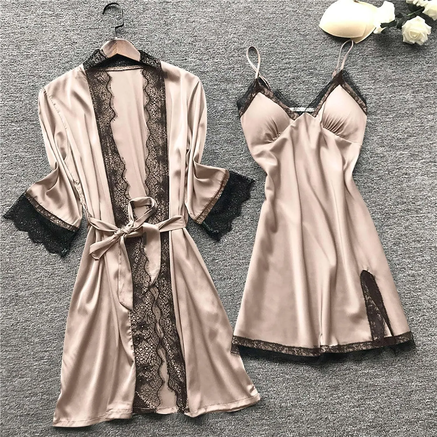 Silk Pajamas Set for Women 4PCS with Built in Bra Robe Satin Pajama Set Sleepwear Nightdress Shorts Lace Nightgown Set