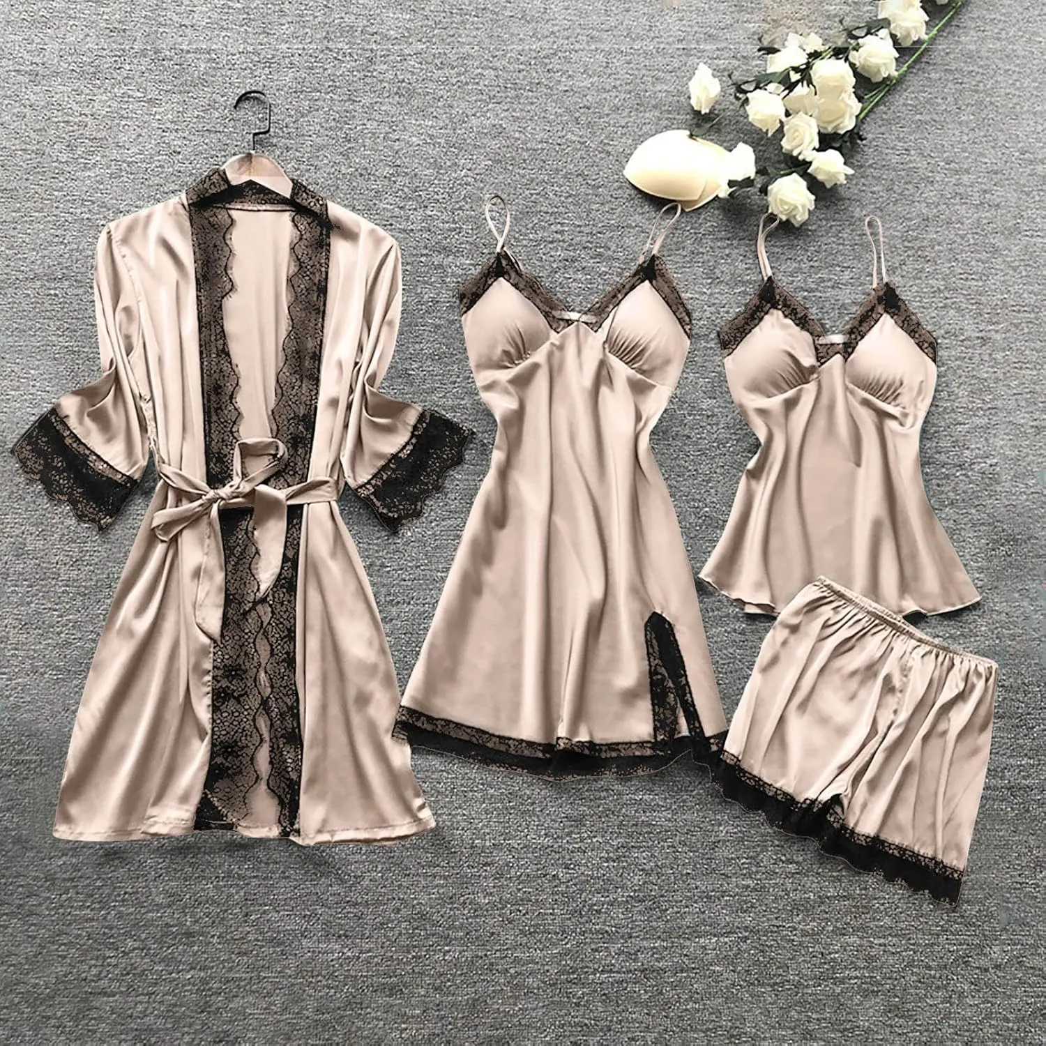 Silk Pajamas Set for Women 4PCS with Built in Bra Robe Satin Pajama Set Sleepwear Nightdress Shorts Lace Nightgown Set