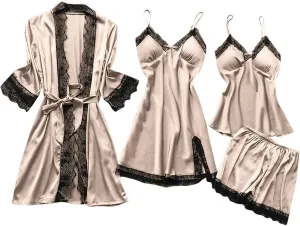 Silk Pajamas Set for Women 4PCS with Built in Bra Robe Satin Pajama Set Sleepwear Nightdress Shorts Lace Nightgown Set