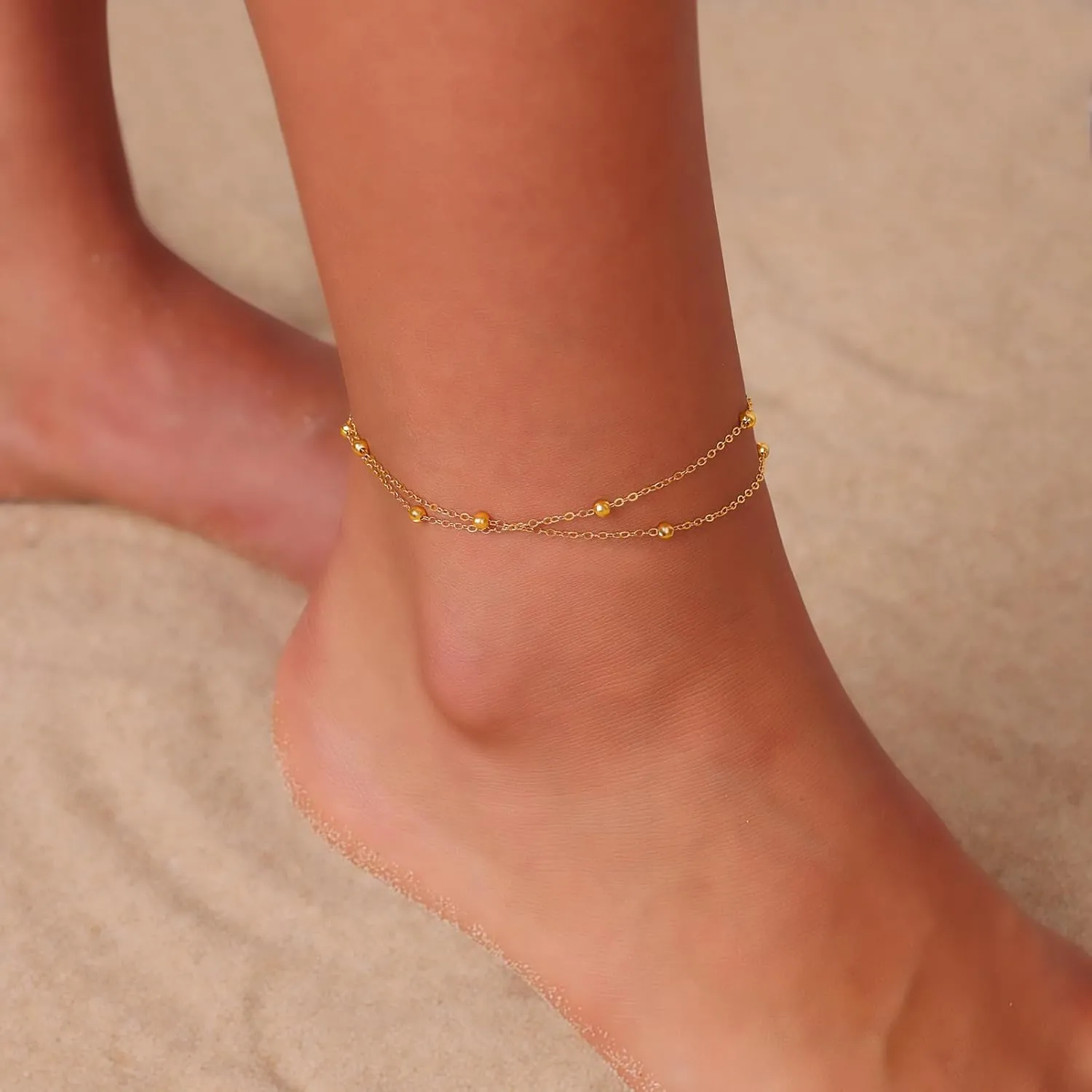 Silver Ankle Bracelets for Women Double-layer Beads Chain Adjustable Ankle Bracelets Beach Jewelry With Present Box Anklets for Women
