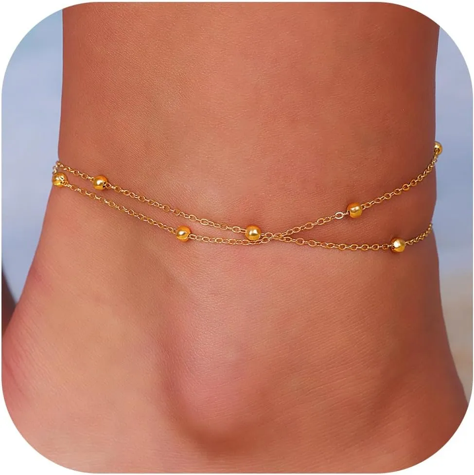 Silver Ankle Bracelets for Women Double-layer Beads Chain Adjustable Ankle Bracelets Beach Jewelry With Present Box Anklets for Women