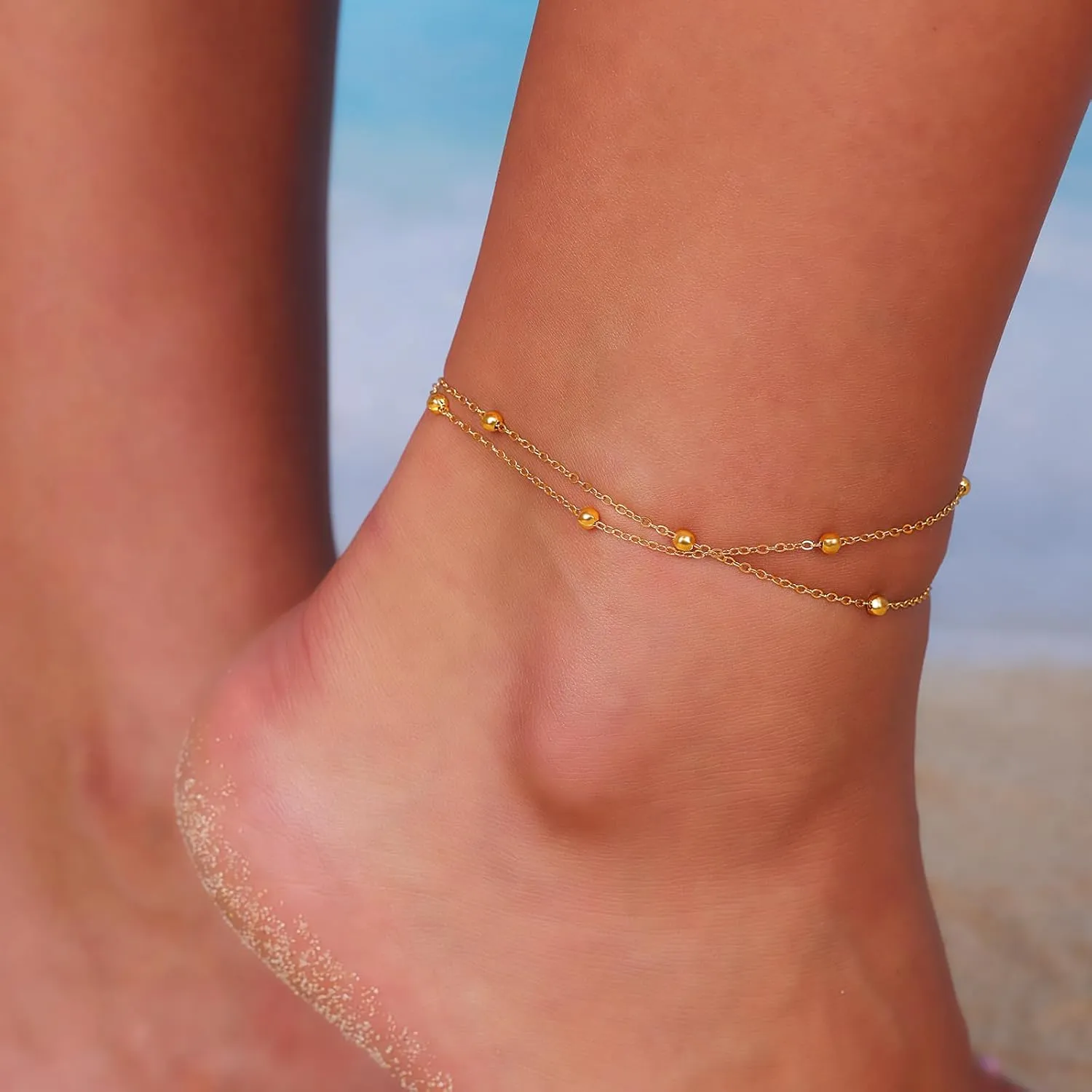 Silver Ankle Bracelets for Women Double-layer Beads Chain Adjustable Ankle Bracelets Beach Jewelry With Present Box Anklets for Women