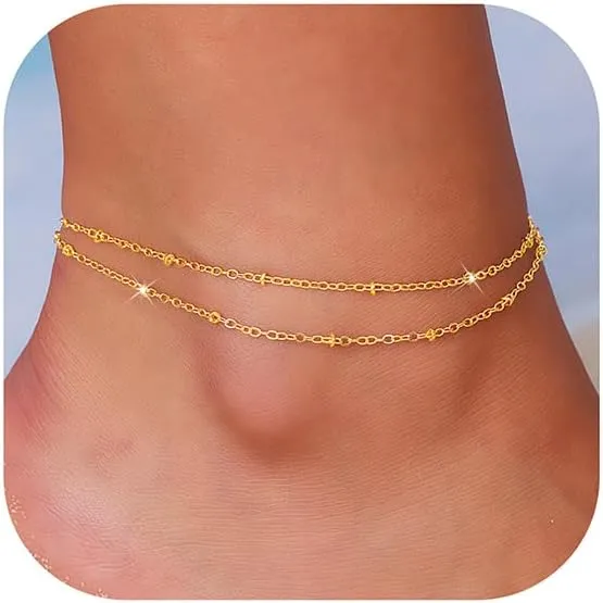 Silver Ankle Bracelets for Women Double-layer Beads Chain Adjustable Ankle Bracelets Beach Jewelry With Present Box Anklets for Women