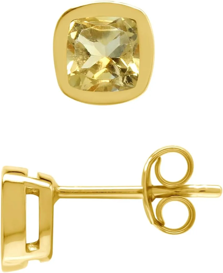 Silvershake 5MM Cushion Shape Birthstone Gemstones White Gold Plated or Yellow Gold Plated 925 Sterling Silver Bezel Set Stud Post Earrings Jewelry for Women or Teens First or Second Hole Piercing