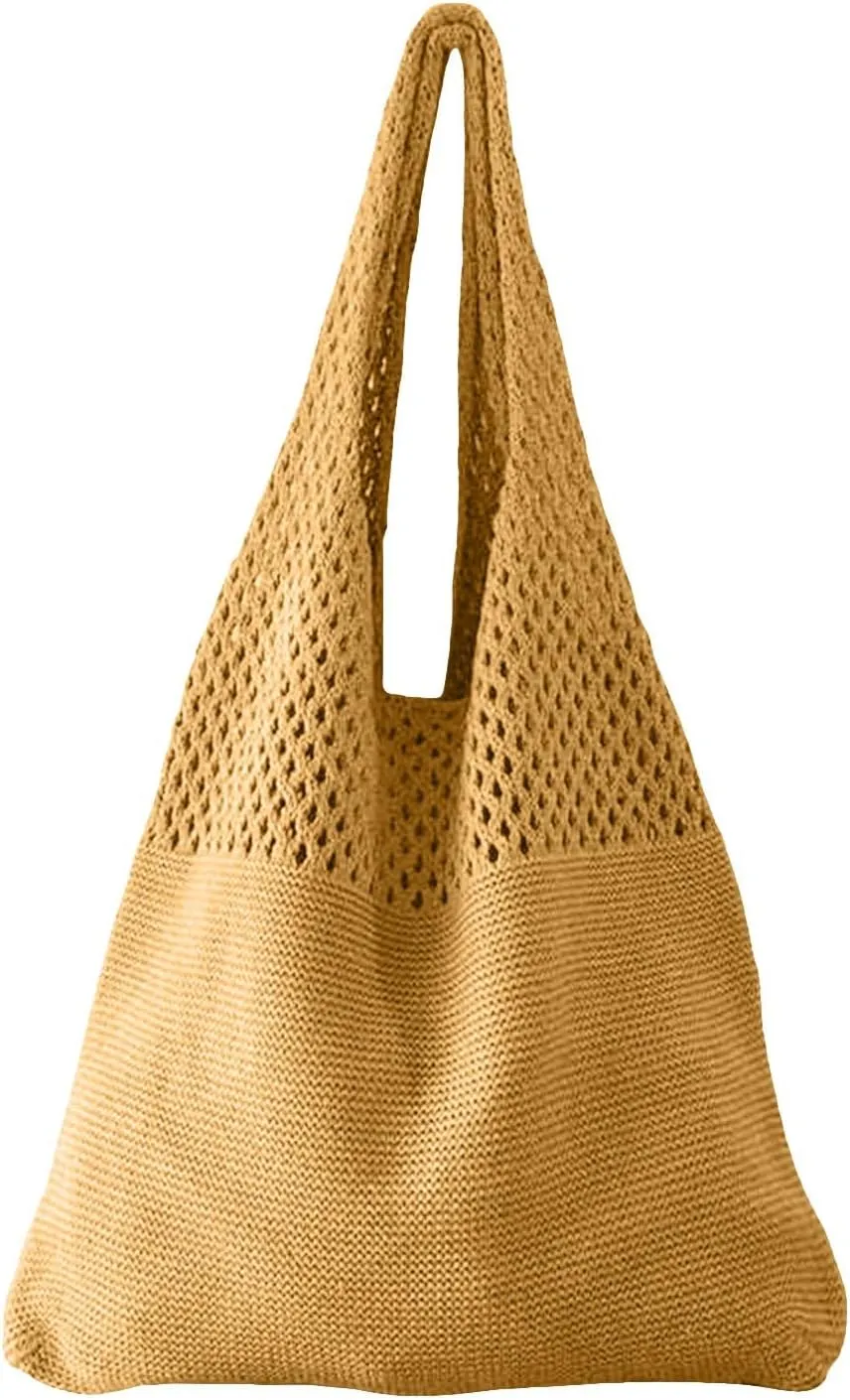 Simple Retro Hollow Crochet Bags Large Capacity Shopping Bags Women's Woven Shoulder Bag Leather Shoulder (B, One Size)