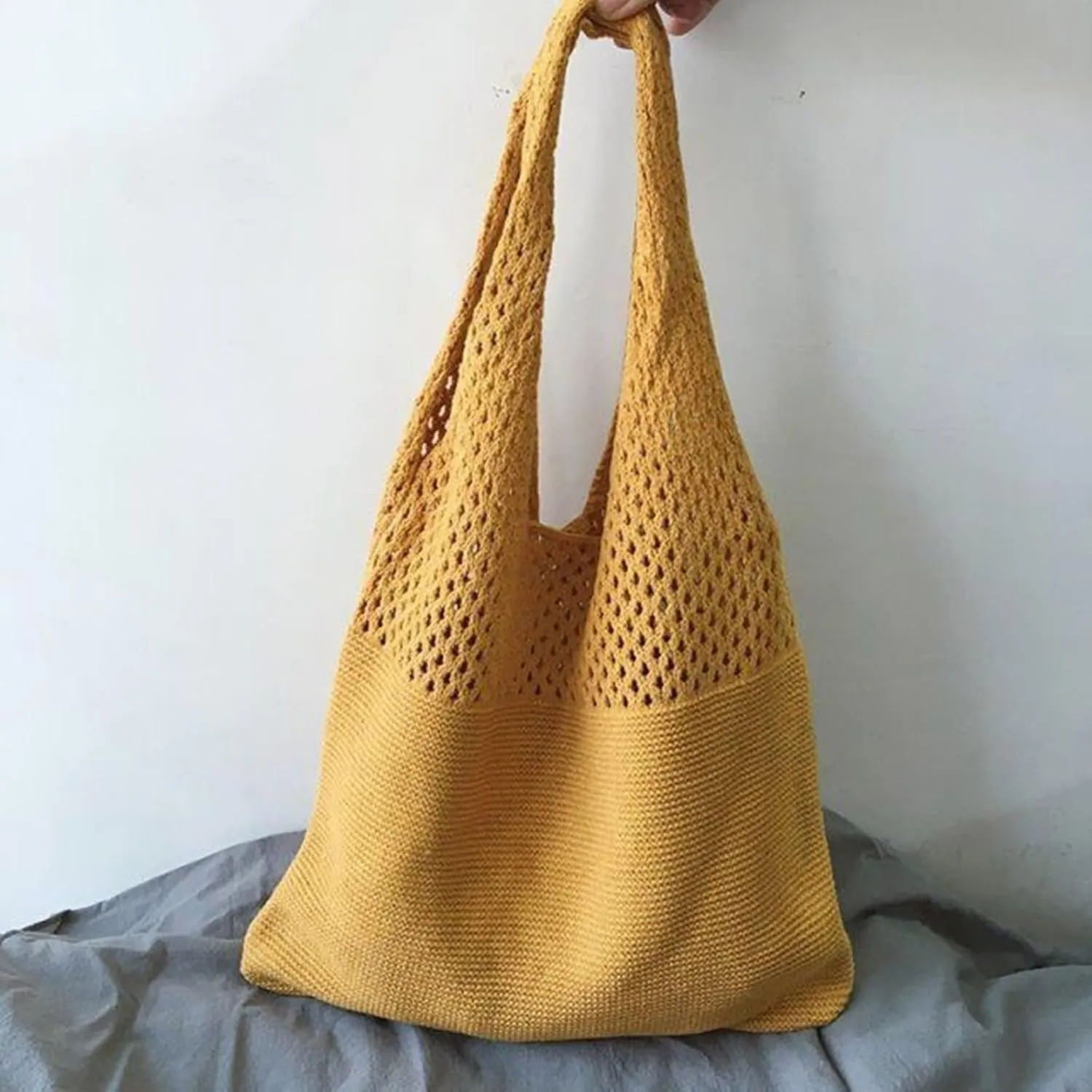 Simple Retro Hollow Crochet Bags Large Capacity Shopping Bags Women's Woven Shoulder Bag Leather Shoulder (B, One Size)
