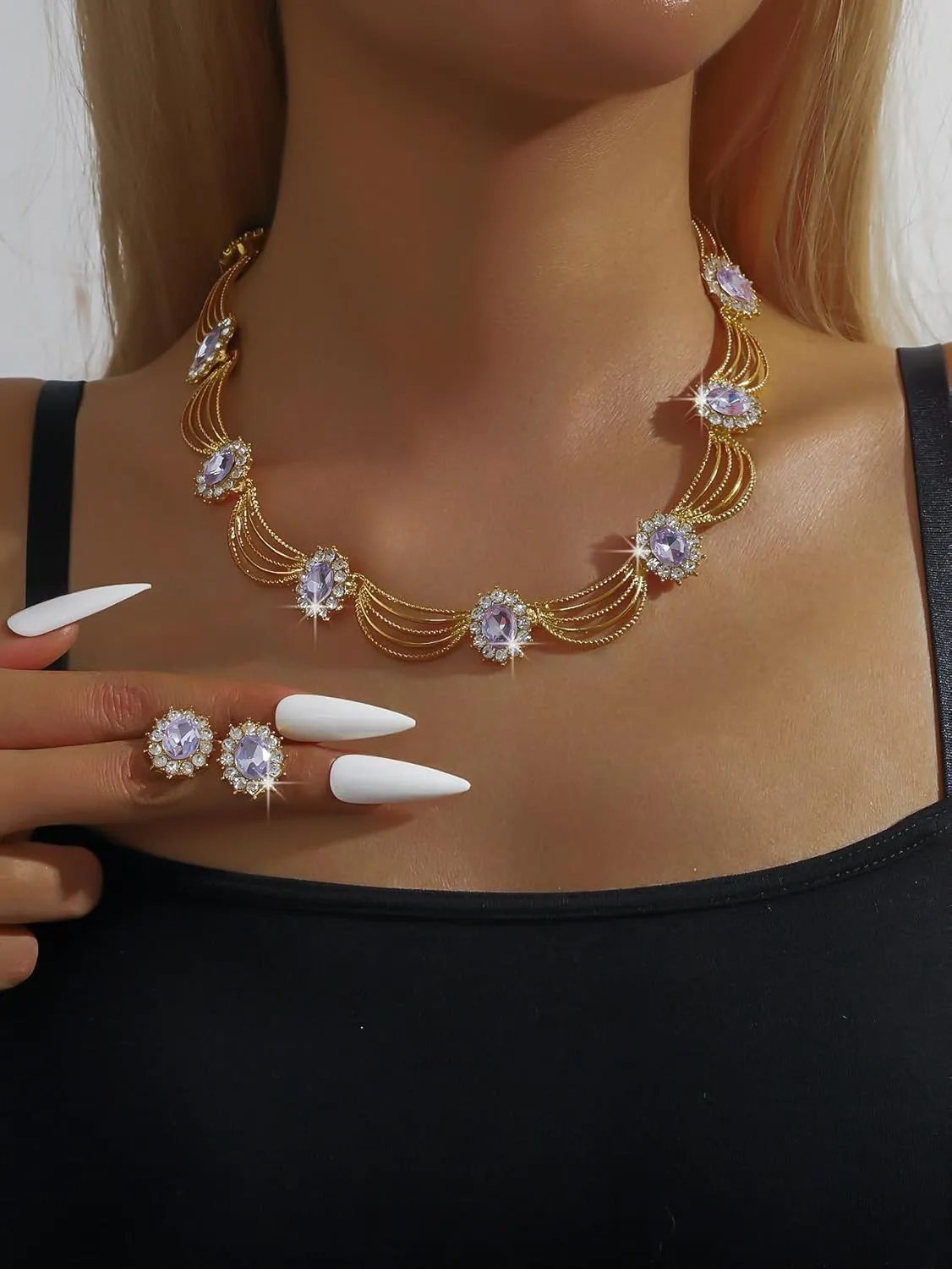 Sither Party Jewelry Set for Women Fashion Crystal Necklace Earrings Jewelry Set for Prom Wedding Dress