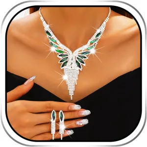 Sixexey Rhinestone Bridal Jewelry Set Silver Wedding Necklace Earring Sparkly Prom Costume Neck Jewelry for Women