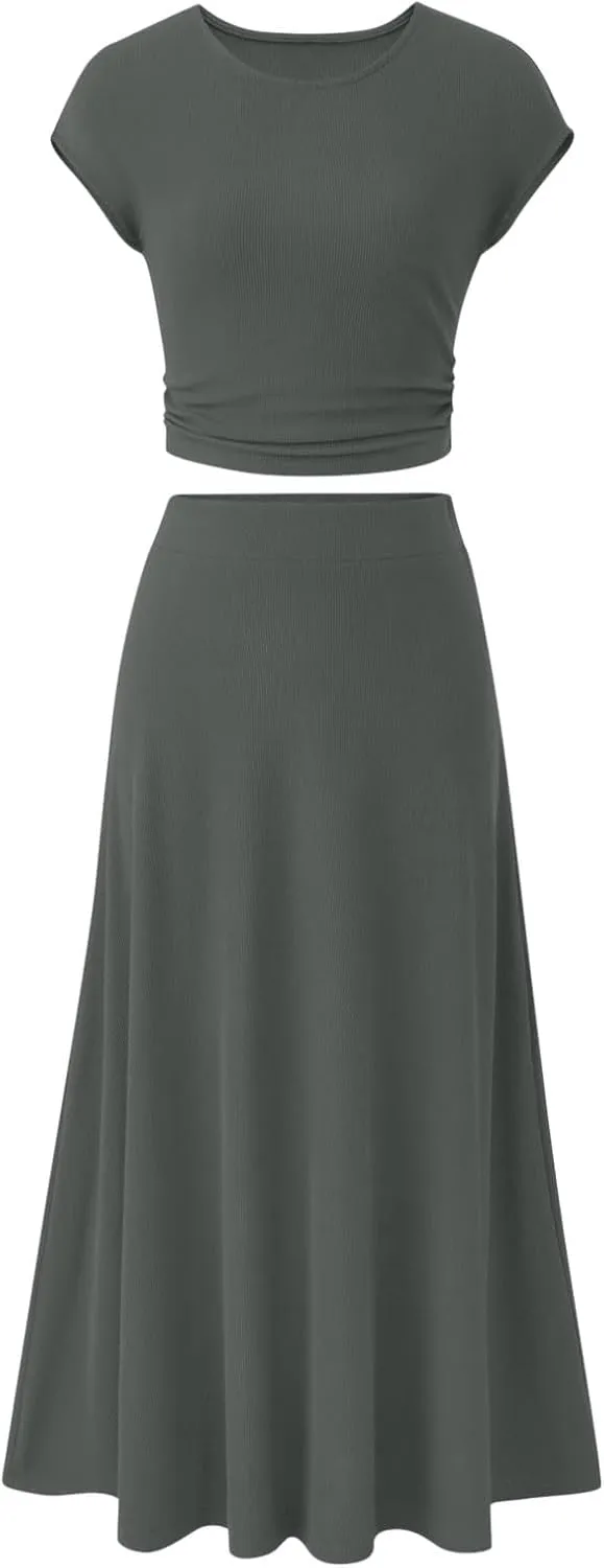 Skirt Sets Women 2 Piece Outfits Casual Ribbed Knit Crew Neck Short Sleeve Cropped Top Elastic Waist Swing Midi Skirts