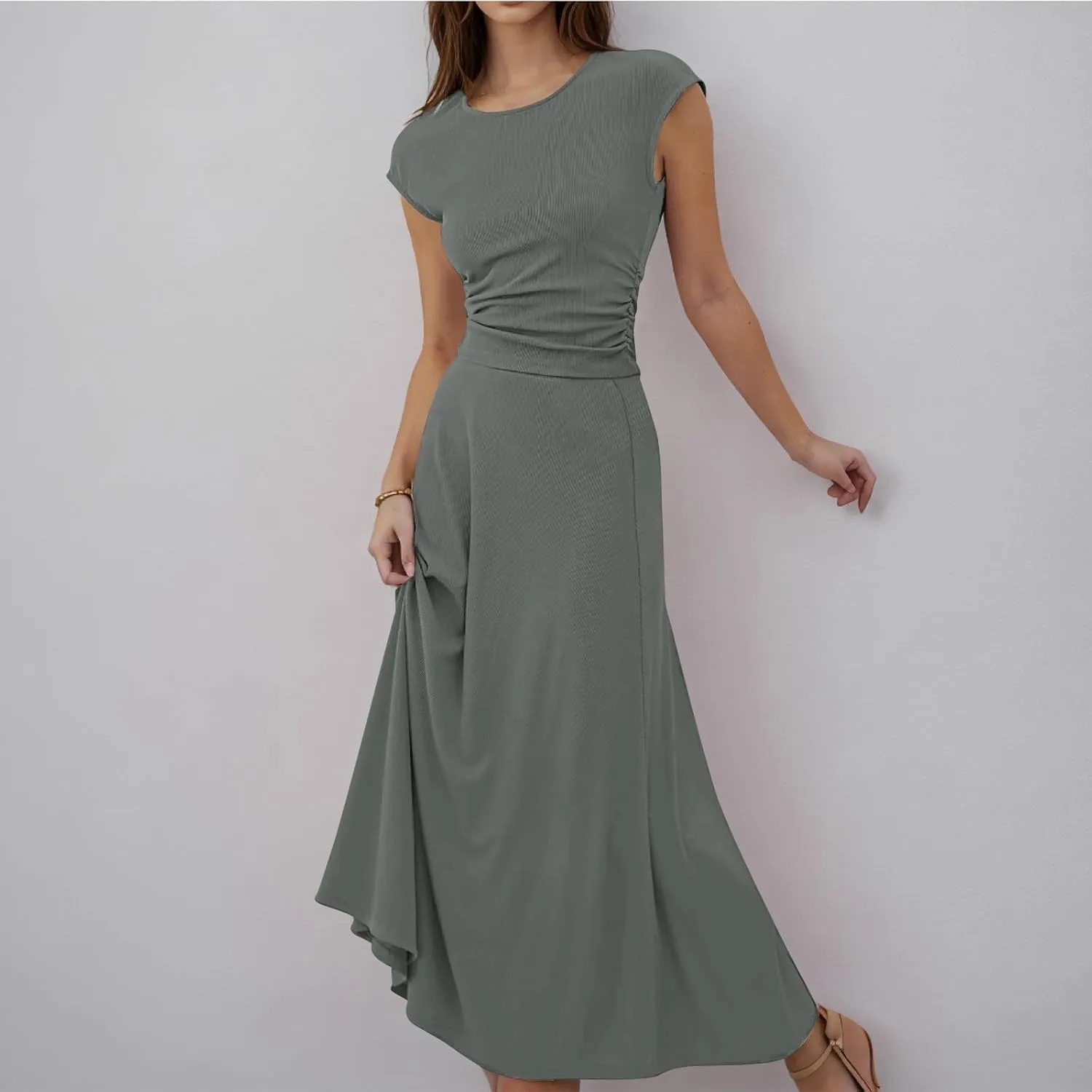 Skirt Sets Women 2 Piece Outfits Casual Ribbed Knit Crew Neck Short Sleeve Cropped Top Elastic Waist Swing Midi Skirts