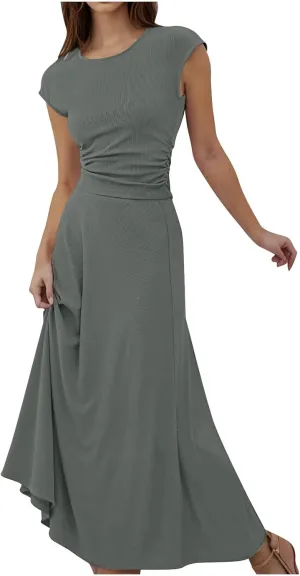 Skirt Sets Women 2 Piece Outfits Casual Ribbed Knit Crew Neck Short Sleeve Cropped Top Elastic Waist Swing Midi Skirts