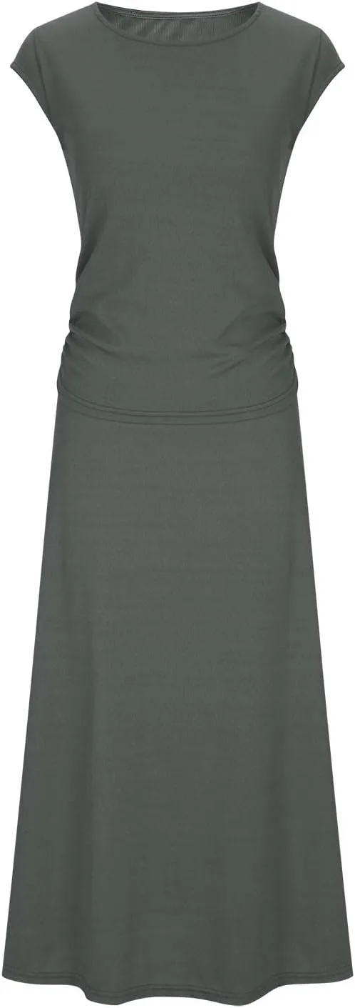 Skirt Sets Women 2 Piece Outfits Casual Ribbed Knit Crew Neck Short Sleeve Cropped Top Elastic Waist Swing Midi Skirts