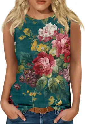 Sleeveless Tops for Women Summer Crew Neck Loose Fit Basic Tunics Tank Floral Holiday Going Out Tank Top Tee