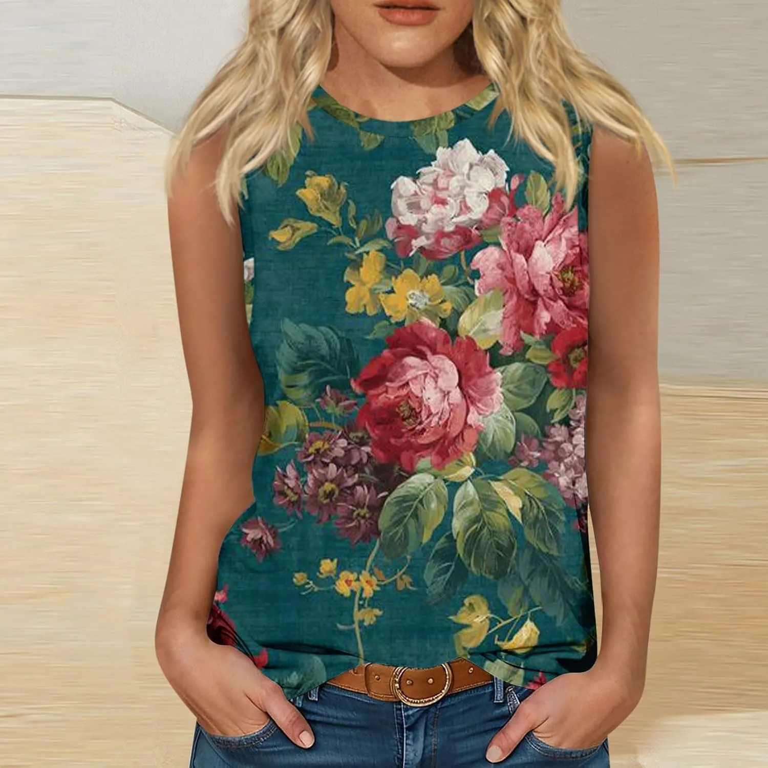 Sleeveless Tops for Women Summer Crew Neck Loose Fit Basic Tunics Tank Floral Holiday Going Out Tank Top Tee