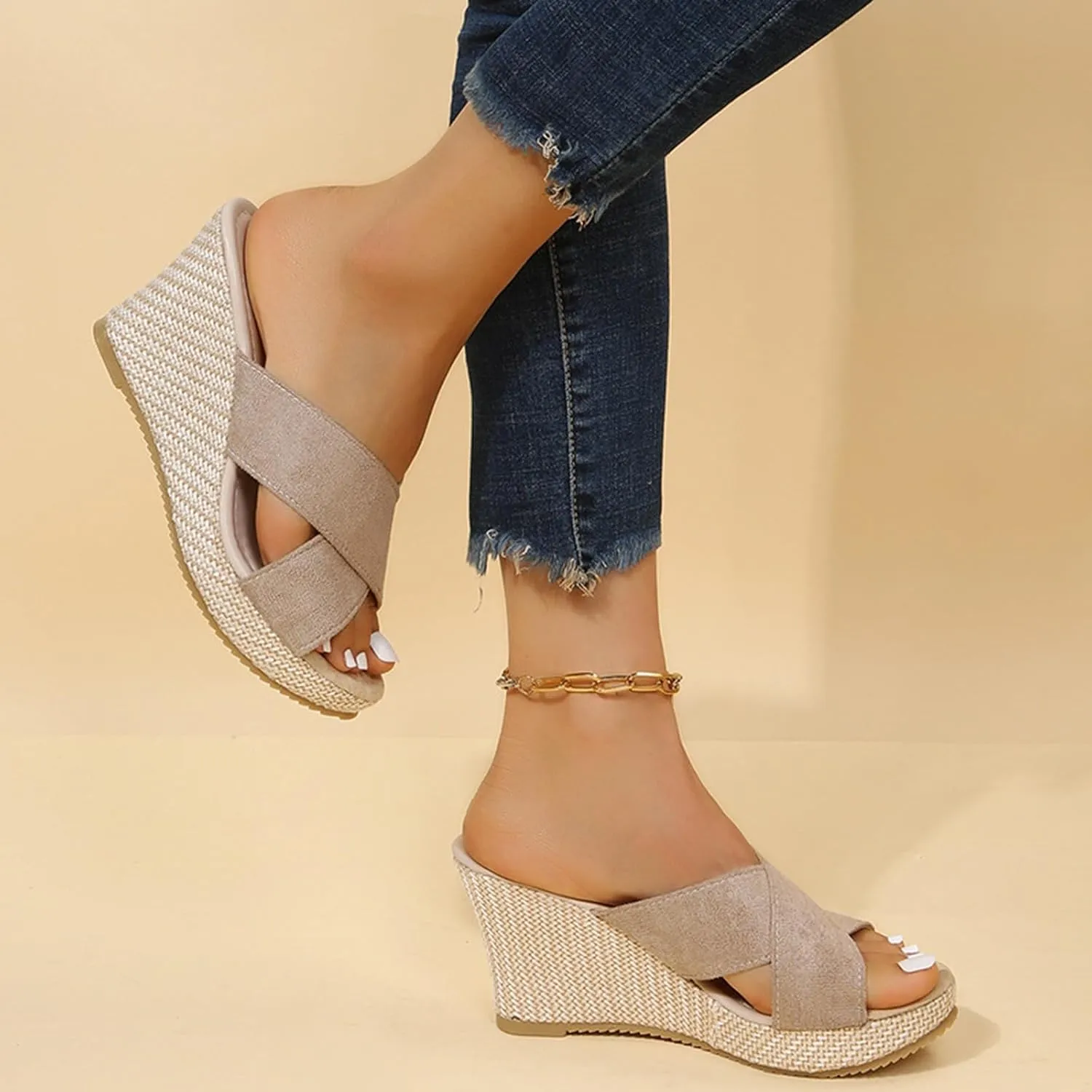 Slip On Wedge Sandals for Women Summer Dressy Platform Mule Sandals Espadrilles Open Toe Wedge Mules Slides Shoes