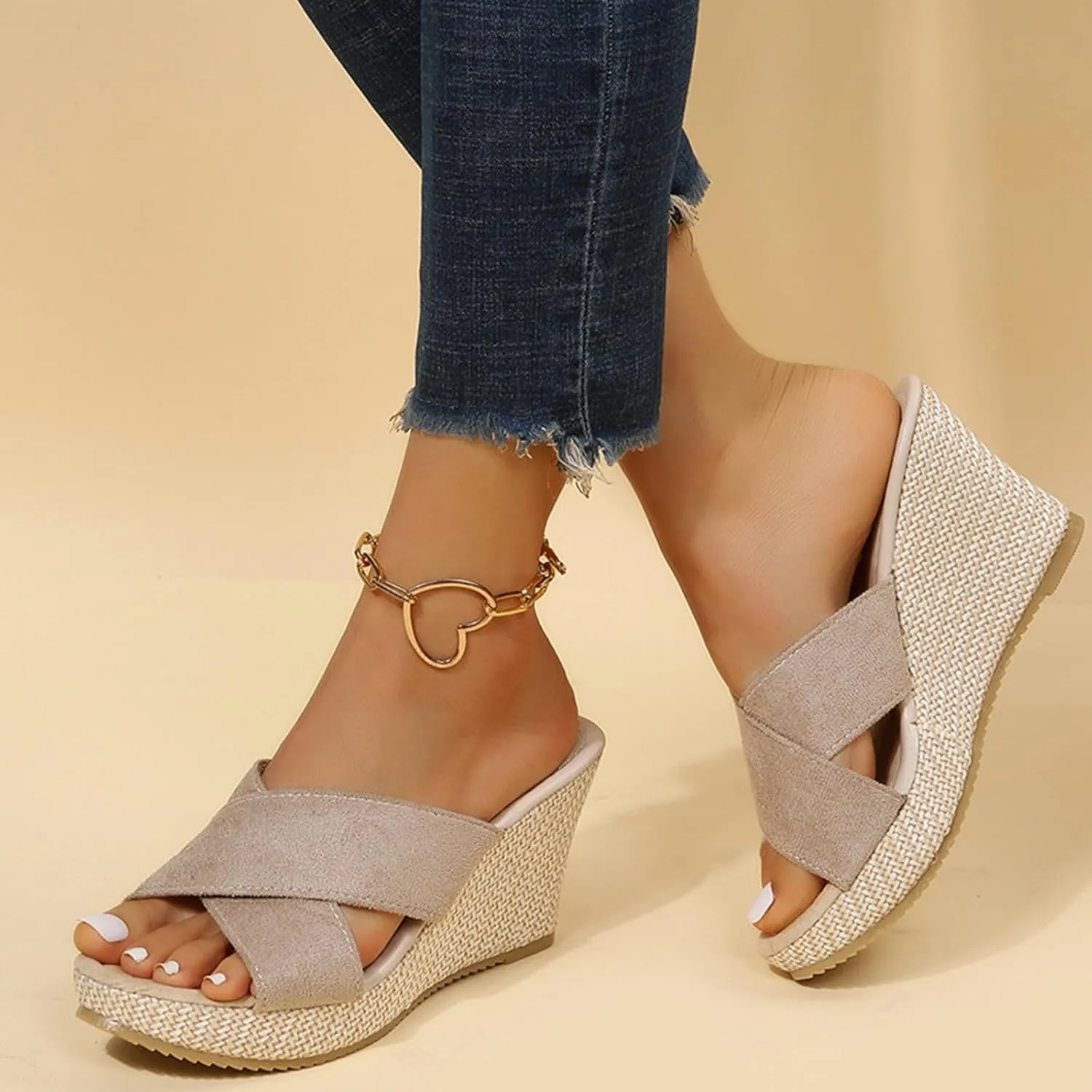 Slip On Wedge Sandals for Women Summer Dressy Platform Mule Sandals Espadrilles Open Toe Wedge Mules Slides Shoes