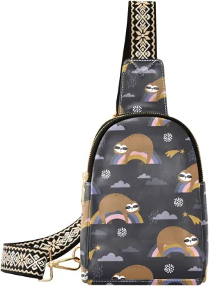Sloths Stars Rainbow and Clouds Fanny Pack Crossbody PC Leather Small Sling Bag for Women Hand Drawn Fashion Waist Packs Chest Bag for Travel Sports Running Hiking