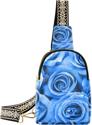 Small Sling Bag Fanny Packs Crossbody Bags for Women Blue Rose Leather Fashion Chest Bag Belt Bag for Women for Travel Sports Running Hiking