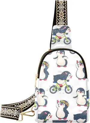 Small Sling Bag Fanny Packs Crossbody Bags for Women Cute Penguins Bike Leather Fashion Chest Bag Belt Bag for Women for Travel Sports Running Hiking