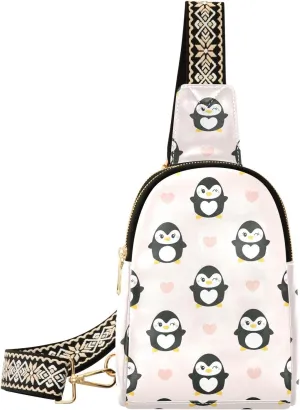 Small Sling Bag Fanny Packs Crossbody Bags for Women Cute Penguins Hearts Pattern Leather Fashion Chest Bag Belt Bag for Women for Travel Sports Running Hiking