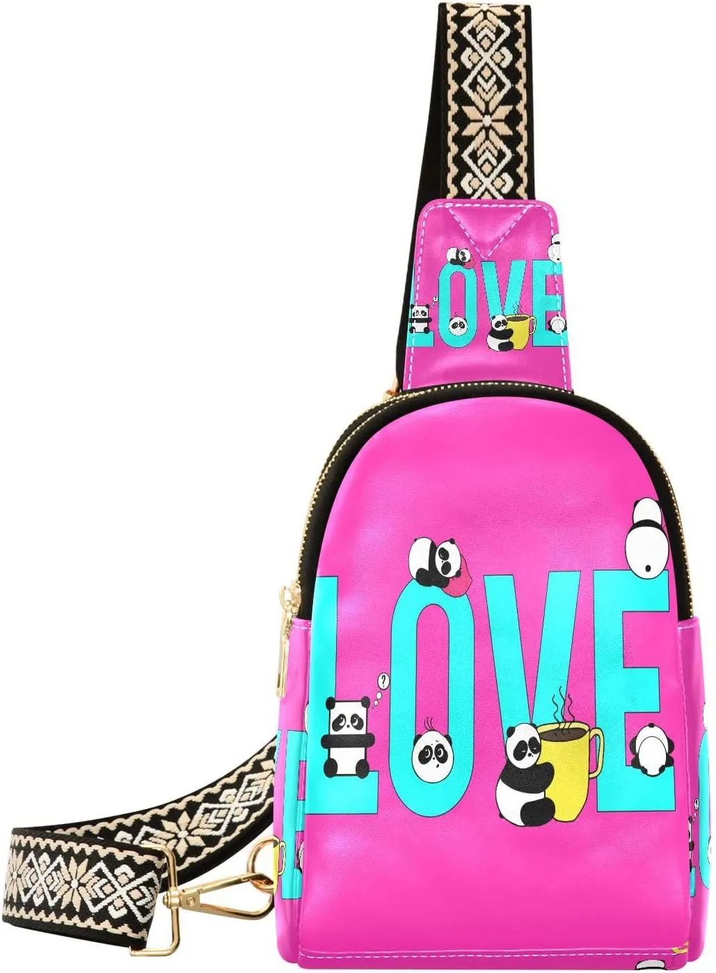 Small Sling Bag Fanny Packs Crossbody Bags for Women Funny Love Design Pandas Leather Fashion Chest Bag Belt Bag for Women for Travel Sports Running Hiking