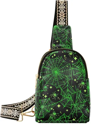 Small Sling Bag Fanny Packs Crossbody Bags for Women Green Spiders Leather Fashion Chest Bag Belt Bag for Women for Travel Sports Running Hiking