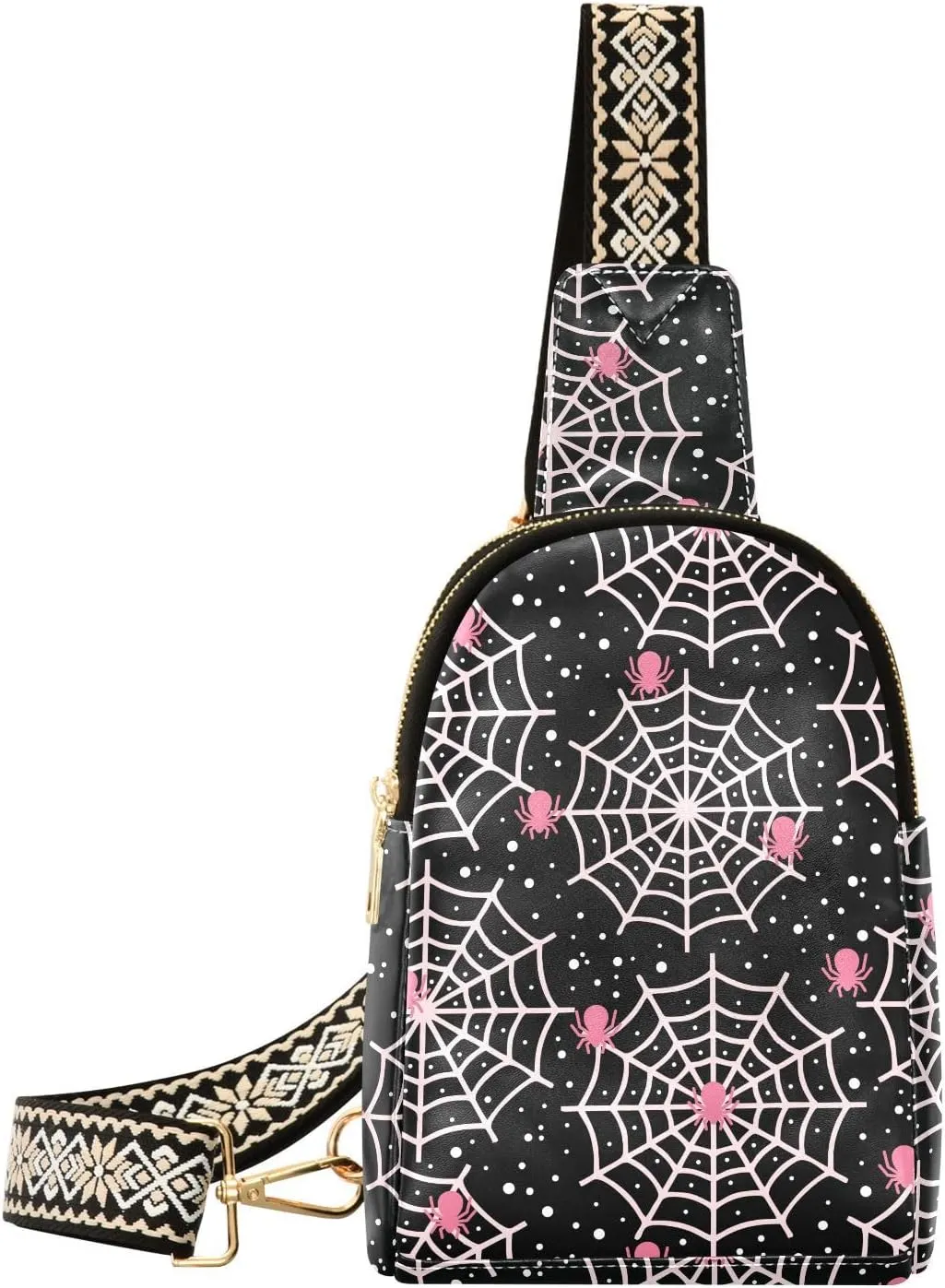 Small Sling Bag Fanny Packs Crossbody Bags for Women Halloween Pink Spider Web Leather Fashion Chest Bag Belt Bag for Women for Travel Sports Running Hiking