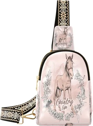 Small Sling Bag Fanny Packs Crossbody Bags for Women Horse and Wildflowers Leather Fashion Chest Bag Belt Bag for Women for Travel Sports Running Hiking