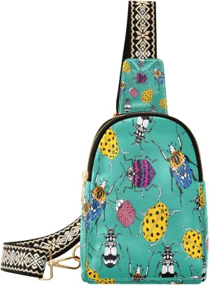 Small Sling Bag Fanny Packs Crossbody Bags for Women Insects Vector Pattern Leather Fashion Chest Bag Belt Bag for Women for Travel Sports Running Hiking