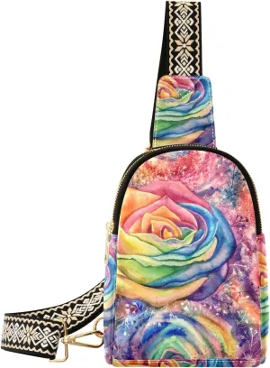 Small Sling Bag Fanny Packs Crossbody Bags for Women Rainbow Rose Leather Fashion Chest Bag Belt Bag for Women for Travel Sports Running Hiking