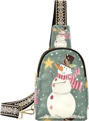 Small Sling Bag Fanny Packs Crossbody Bags for Women Snowman and Star Leather Fashion Chest Bag Belt Bag for Women for Travel Sports Running Hiking