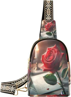 Small Sling Bag Fanny Packs Crossbody Bags for Women Valentines Day Red Rose Leather Fashion Chest Bag Belt Bag for Women for Travel Sports Running Hiking