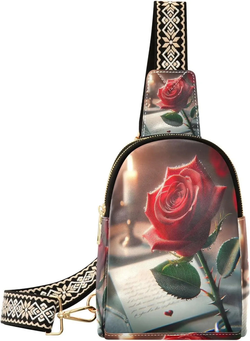 Small Sling Bag Fanny Packs Crossbody Bags for Women Valentines Day Red Rose Leather Fashion Chest Bag Belt Bag for Women for Travel Sports Running Hiking