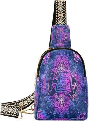 Small Sling Bag Fanny Packs Crossbody Bags for Women Varicoloured Indian Elephants Leather Fashion Chest Bag Belt Bag for Women for Travel Sports Running Hiking