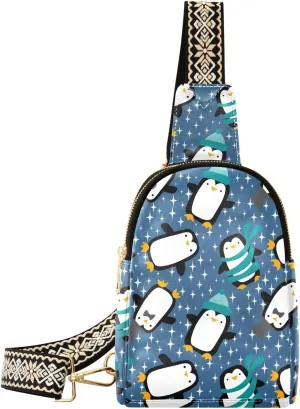 Small Sling Bag Fanny Packs Crossbody Bags for Women Winter Kawaii Penguin Pattern Leather Fashion Chest Bag Belt Bag for Women for Travel Sports Running Hiking