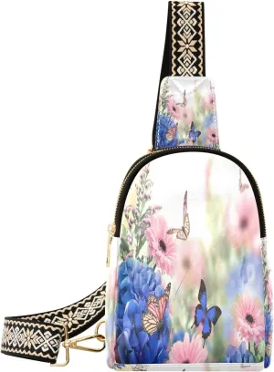 Small Sling Bag for Women Blue Pink Butterfly PC Leather Fanny Pack Crossbody Hydrangeas Daisies Fashion Waist Packs Chest Bag for Travel Sports Running Hiking