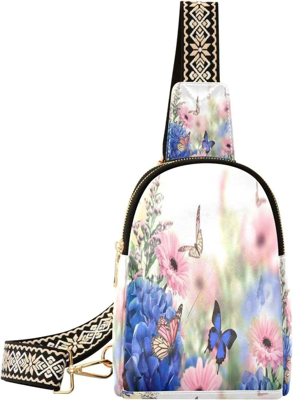 Small Sling Bag for Women Blue Pink Butterfly PC Leather Fanny Pack Crossbody Hydrangeas Daisies Fashion Waist Packs Chest Bag for Travel Sports Running Hiking