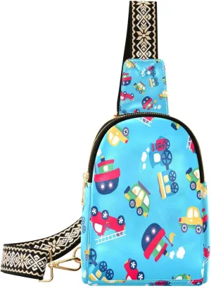 Small Sling Bag for Women Cartoon Car Truck PC Leather Fanny Pack Crossbody Blue Fashion Waist Packs Chest Bag for Travel Sports Running Hiking