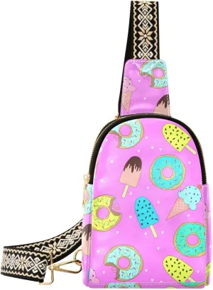 Small Sling Bag for Women Cute Donuts and Ice Cream PC Leather Fanny Pack Crossbody Fashion Waist Packs Chest Bag for Travel Sports Running Hiking