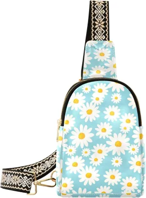 Small Sling Bag for Women Daisy Flowers Floral PC Leather Fanny Pack Crossbody Blue Fashion Waist Packs Chest Bag for Travel Sports Running Hiking