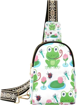 Small Sling Bag for Women Funny Frog and Bugs PC Leather Fanny Pack Crossbody Lotus Plant Fashion Waist Packs Chest Bag for Travel Sports Running Hiking