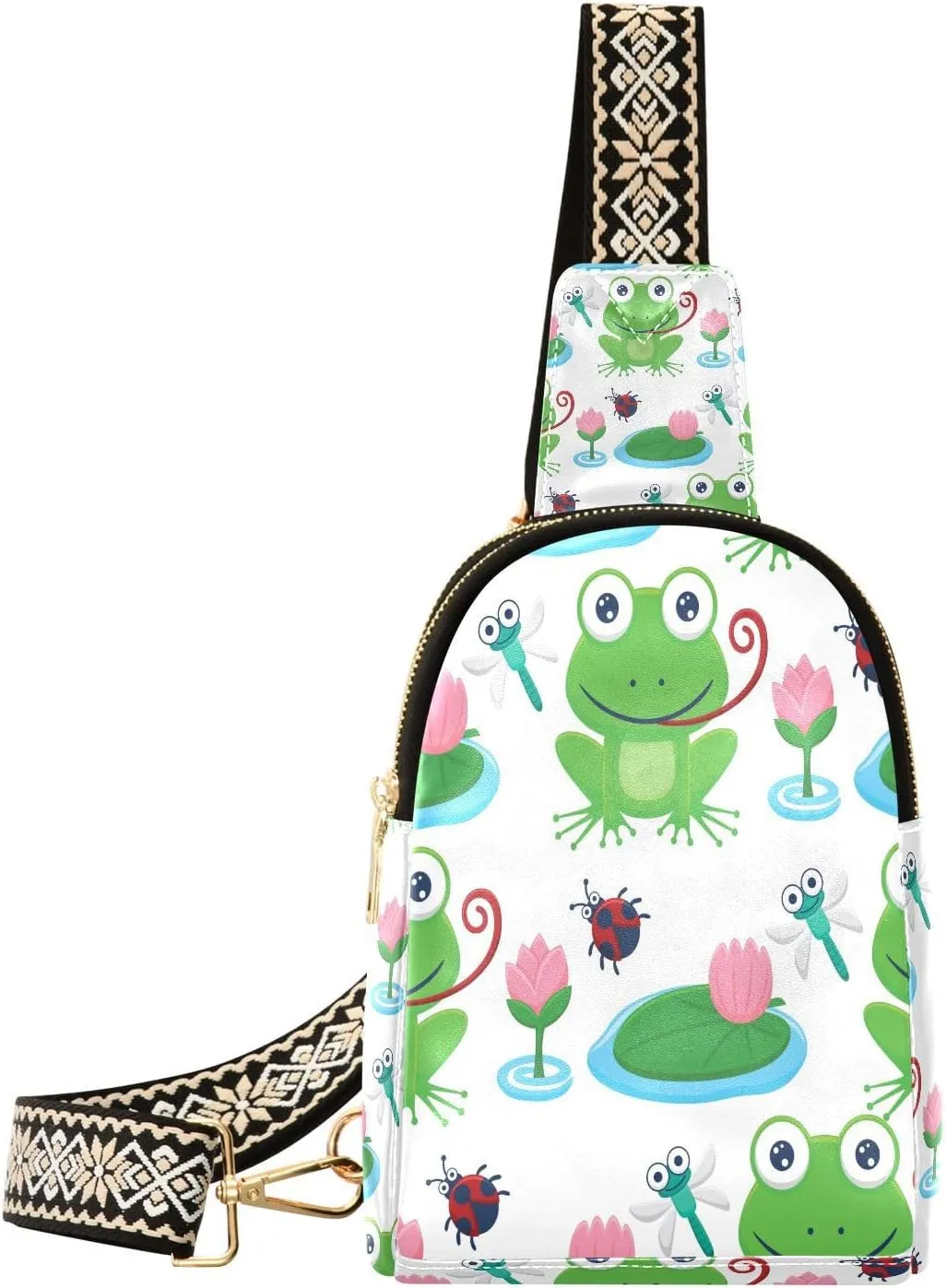 Small Sling Bag for Women Funny Frog and Bugs PC Leather Fanny Pack Crossbody Lotus Plant Fashion Waist Packs Chest Bag for Travel Sports Running Hiking