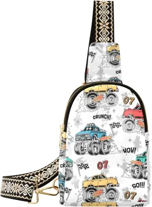 Small Sling Bag for Women Monster Trucks Pattern PC Leather Fanny Pack Crossbody Cartoon Fashion Waist Packs Chest Bag for Travel Sports Running Hiking