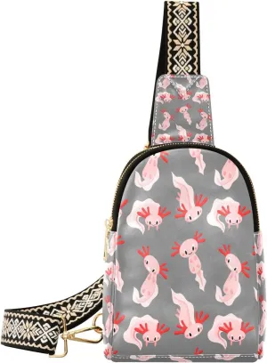 Small Sling Bag for Women Pink Axolotl PC Leather Fanny Pack Crossbody Cute Cartoon-style Fashion Waist Packs Chest Bag for Travel Sports Running Hiking