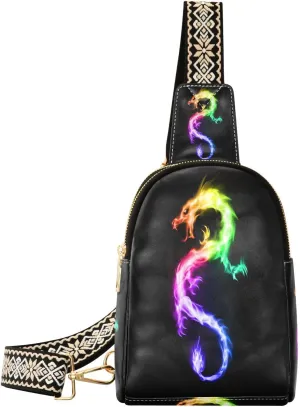 Small Sling Bag for Women Rainbow Fire Dragon PC Leather Fanny Pack Crossbody Colorful Fashion Waist Packs Chest Bag for Travel Sports Running Hiking