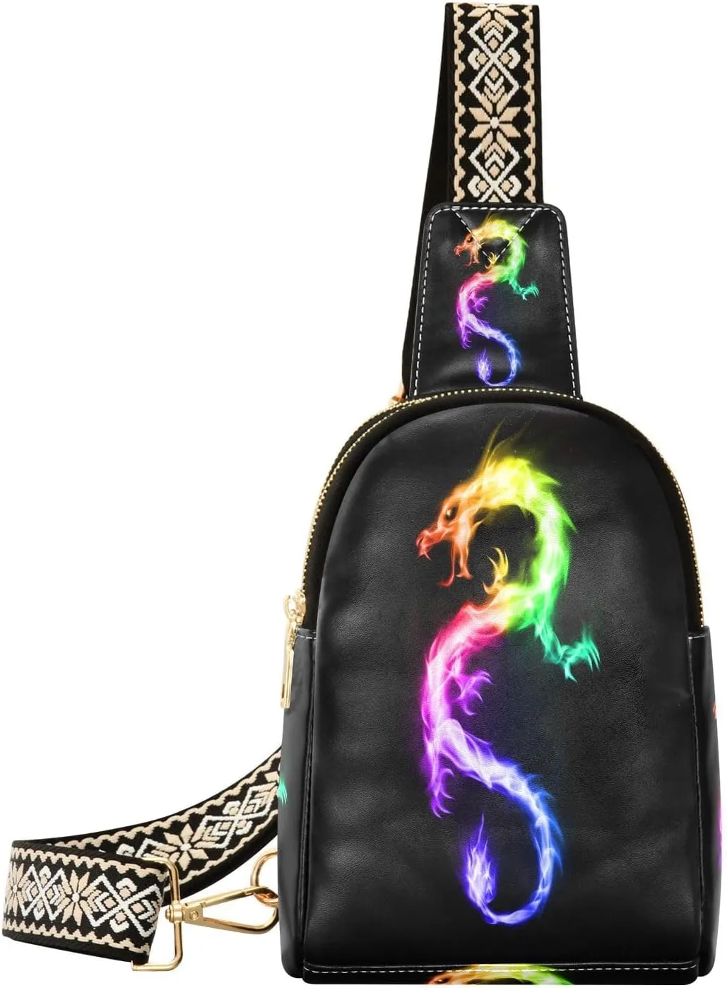 Small Sling Bag for Women Rainbow Fire Dragon PC Leather Fanny Pack Crossbody Colorful Fashion Waist Packs Chest Bag for Travel Sports Running Hiking