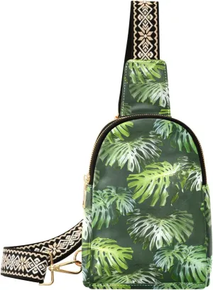 Small Sling Bag for Women Tropical Leaf Green PC Leather Fanny Pack Crossbody Summer Vintage Fashion Waist Packs Chest Bag for Travel Sports Running Hiking