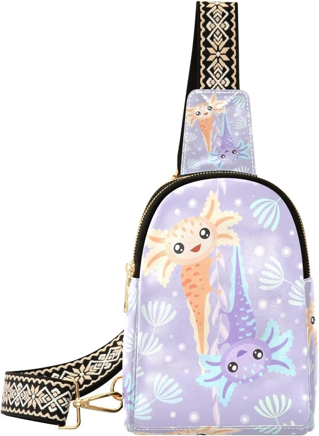 Small Sling Bag for Women Two Axolotls PC Leather Fanny Pack Crossbody Fashion Waist Packs Chest Bag for Travel Sports Running Hiking
